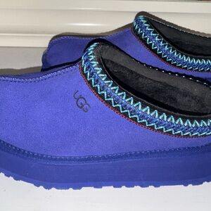 UGG Blue Suede Slippers with Woven Trim